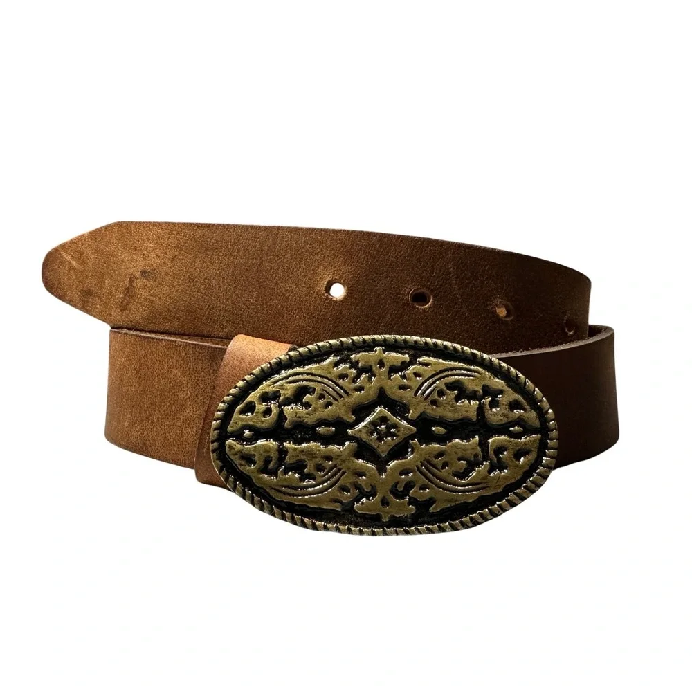 Sonoma Womens Brown Genuine Leather Western Belt Oval Filigree Buckle Small